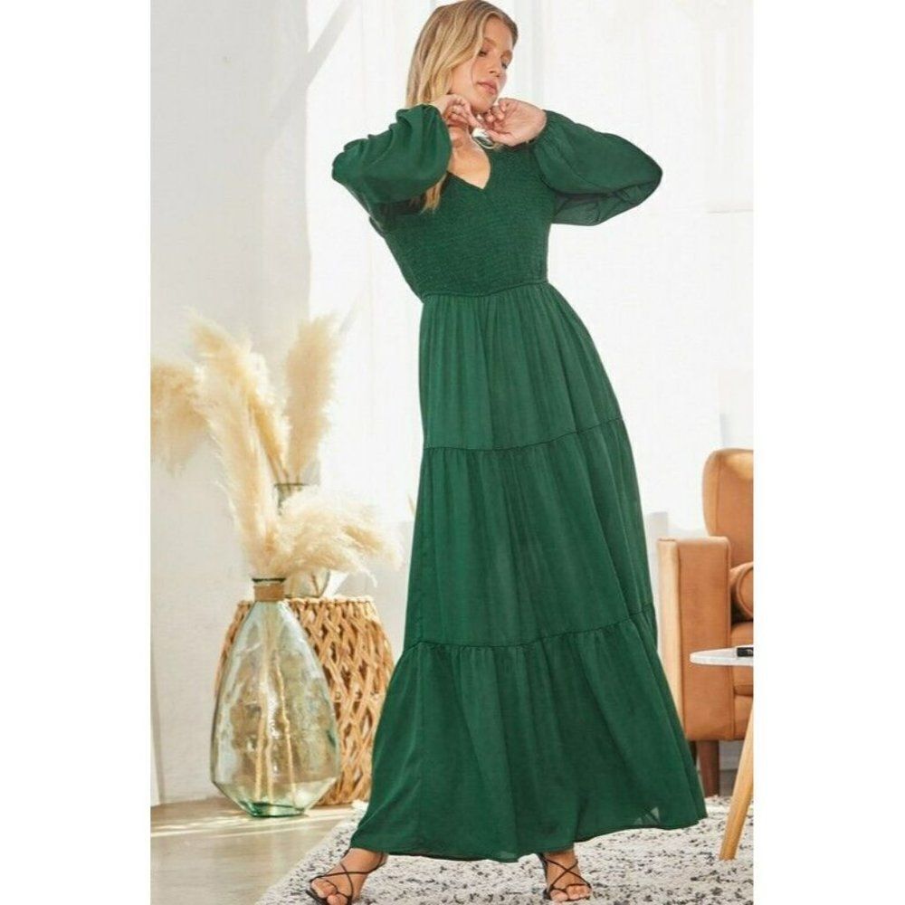 Emerald Estate Smocked Tiered Maxi Dress Long Sleeve V Neck Hunter Green - Picture 6 of 7